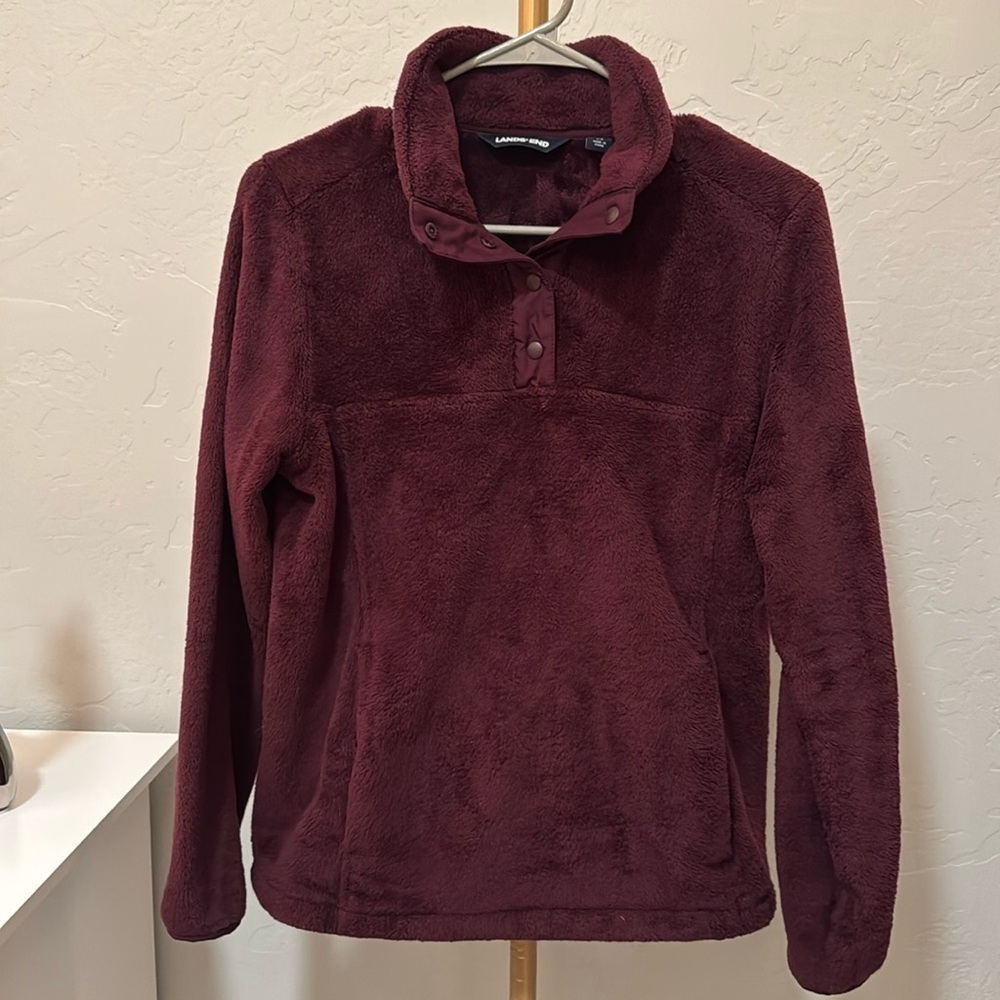 LANDS END WOMENS SOFT FUZZY SNAP PULLOVER SWEATER JACKET SZ SMALL